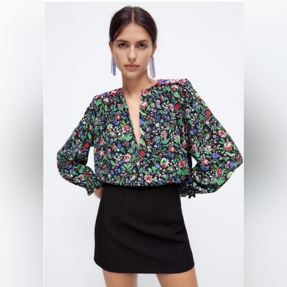 Zara Woman Shoulder Pad Patchwork Floral Print Top Blouse - Picture 2 of 7